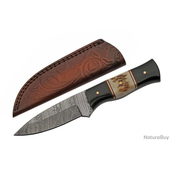 Couteau Damas Skinner Buffalo Stag Lame Acier 256 Damas Manche Corne Etui Cuir DM1355