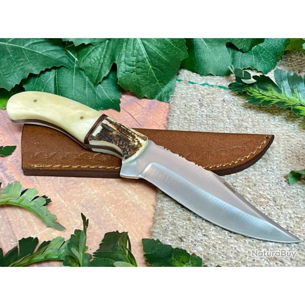 Couteau Rite Edge Venison Hunter Manche Os & Bois de Cerf Lame Acier Inox Etui Cuir PA8028