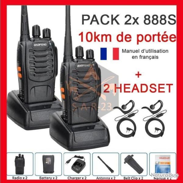 PACK 2x RADIOS BAOFENG 888S 5W - AVEC OREILLETTES - PORT�E 10km - 16 canaux - LIVRAISON GRATUITE !!