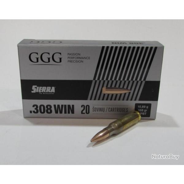 1 boite neuve de 20 cartouches  de calibre 308 Winchester, GGG, ogive sierra HPBT 168 Grains