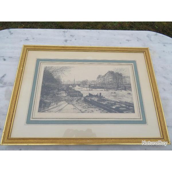 Ancienne grande gravure original  l'eau forte, reprsentant "Le Petit Bras de la Seine"- PARIS 1880