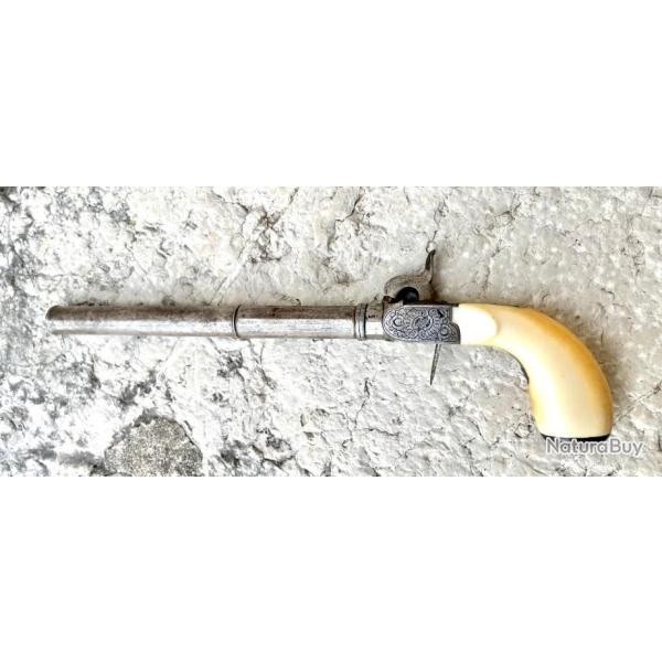 Superbe pistolet grav� coffre / canon long d�vissable / Crosse ivoire