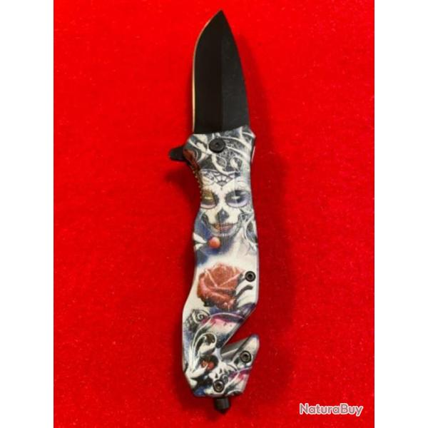 COUTEAU : OUVERTURE ET FERMETURE D'UNE MAIN, MOTIFS : MASQUE + ROSE.