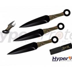 Set de 3 Kunais de lancer noirs avec manche en paracorde camo