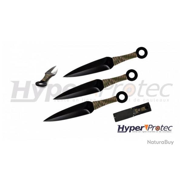 Set de 3 Kunais de lancer noirs avec manche en paracorde camo