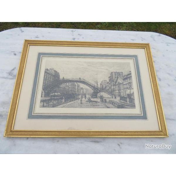 Ancienne grande gravure original  l'eau forte, reprsentant "Le Quai de Jemmapes"- PARIS 1881(XIX)