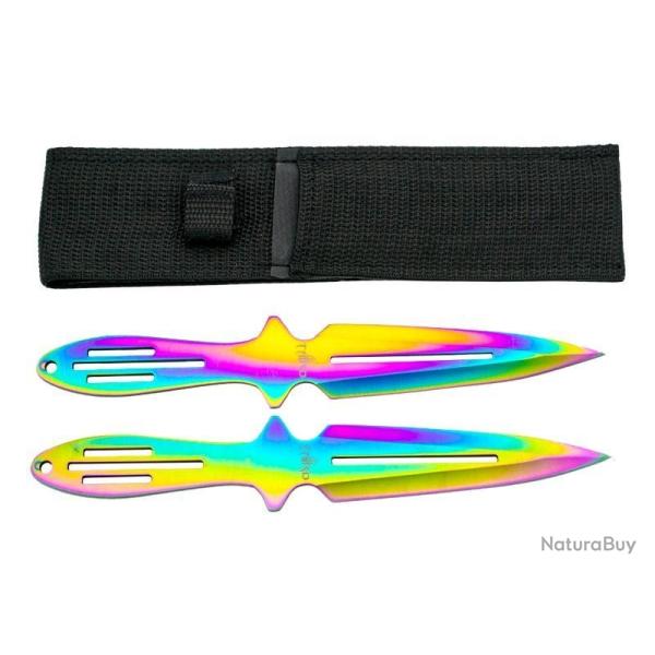JEU 2 COUTEAUX LANCER THIRD ARC-EN-CIEL 11CM INOX + ETUI