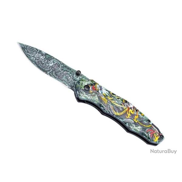 COUTEAU CJH ALUMINIUM 11,5CM INOX DECOR DRAGON CHINOIS
