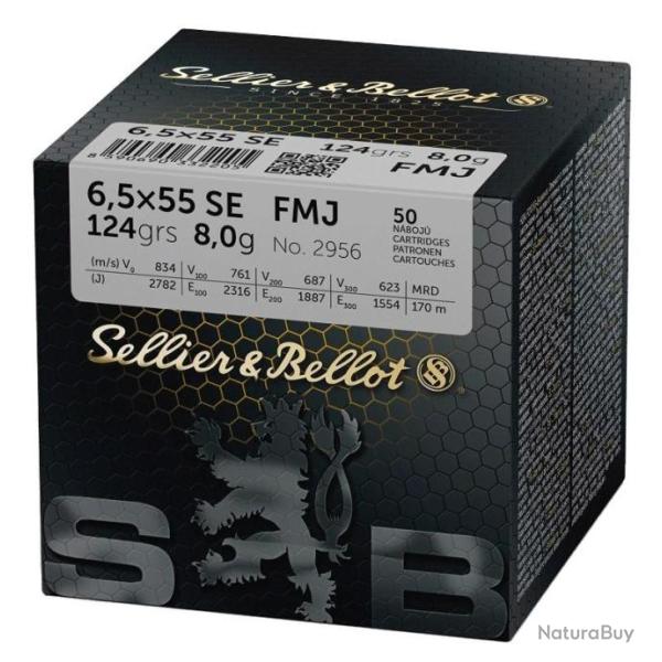 Munition Sellier & Bellot FMJ 8g 124gr - Cal. 6.5x55 SE x10 boites