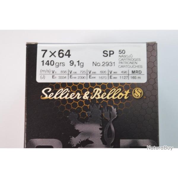 1 BOITE DE 50 BALLES 7X64 SELLIER ET BELLOT 140GR/9.1 G SP    NEUVE