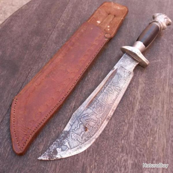 Magnifique Couteau de Chasse ARTISANAL ESPAGNOLE Manche en Corne ey M�tal �tui en cuir