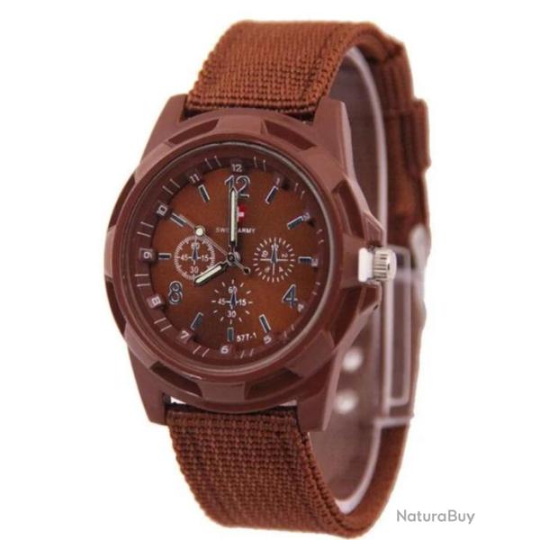 Montre Gemius Arm�e Sport Bracelet Militaire Arm�e Suisse Tissu Marron Cadran Fond Marron Brillant