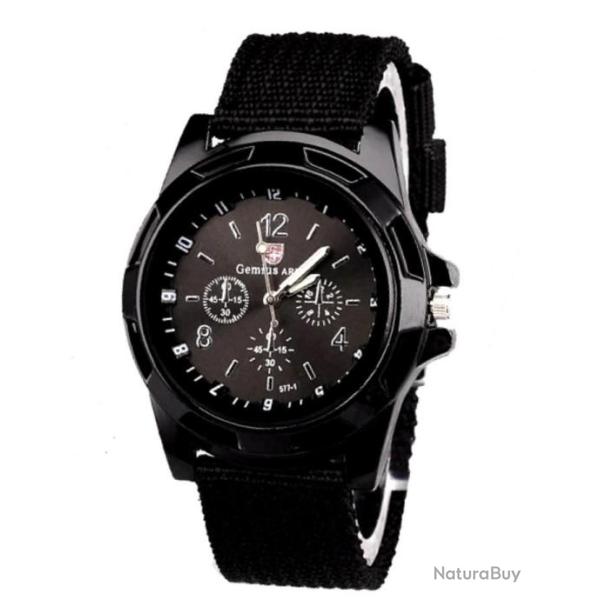 Montre Gemius Arm�e Sport Bracelet Militaire Arm�e Suisse Tissu NOIR Cadran Fond Noir
