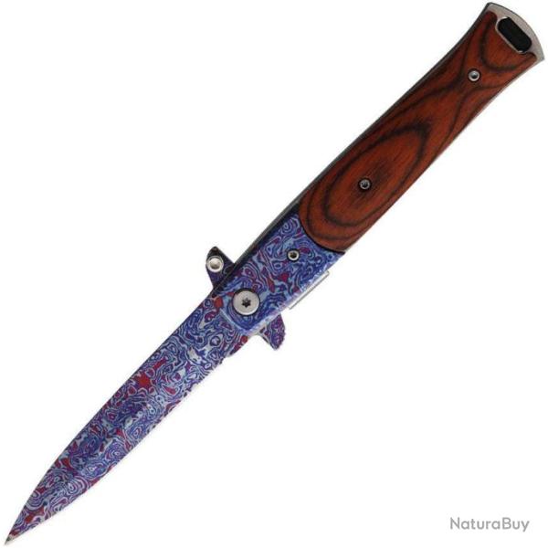 Couteau Semi Automatique Elite Edge Damascus Linerlock Lame Acier Inox Manche Bois Clip EE10428CDMWD