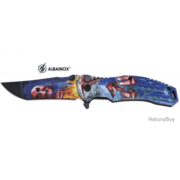 Couteau pliant dcor Skull avec chaine  lame de 8.5 cm