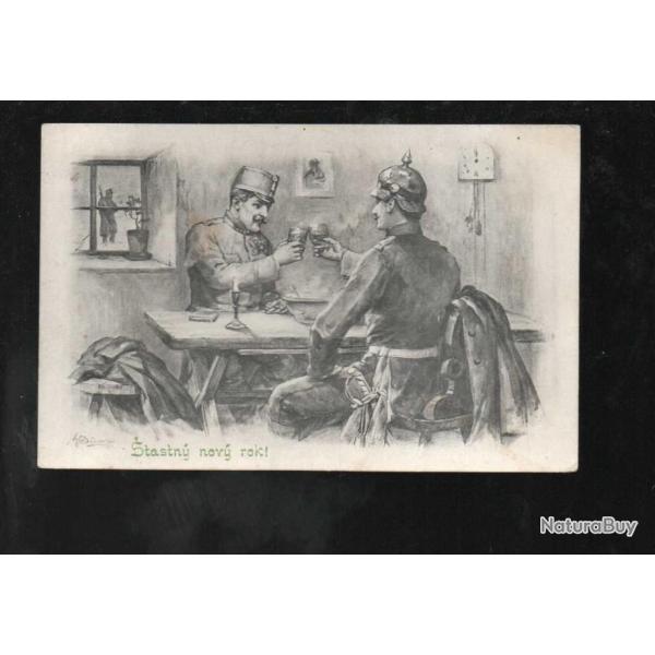 stastny novy rok ! carte allemande guerre 14-18 cpa illustrateur casque � pointe et autrichien