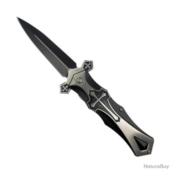 Couteau Biker ElitEdge Knight A/O Black Lame Acier Inox Dagger Manche Abs Clip Linerlock EE10817BK -
