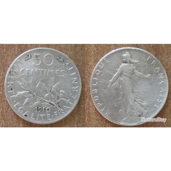France 50 Centimes 1910 Piece Argent Semeuse Centime