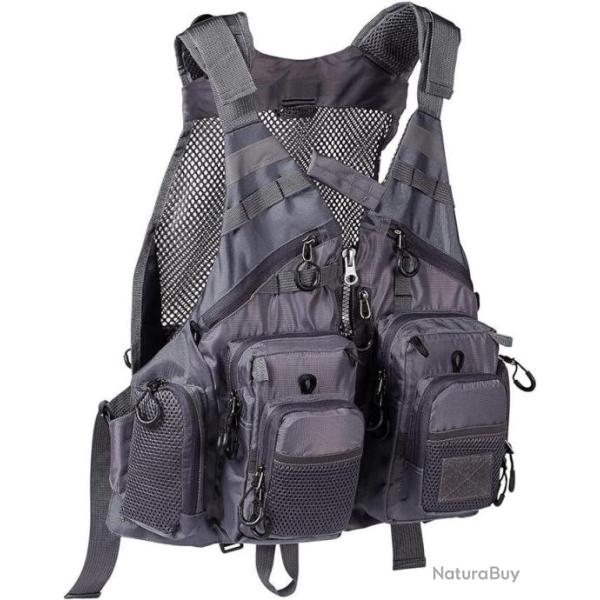 Gilet de P�che 18 Poches Taille Unique � Sangle R�glable Ultra L�ger Portable P�che Chasse Gris