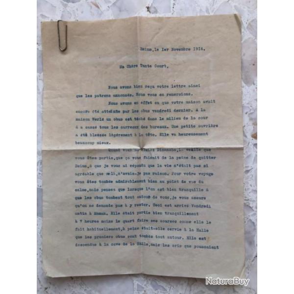 LETTRE guerre de 1914 1918 dactylographi�e 1916, bombardements de REIMS, obus, bataille Champagne 10