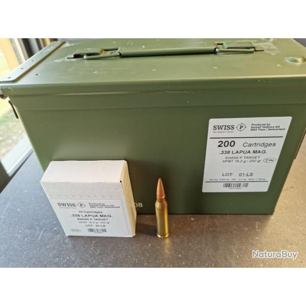 cartouche SWISS P .338LM 250GR 16.2G TARGET BTHP caisse m2a1 contenant 200 cartouches
