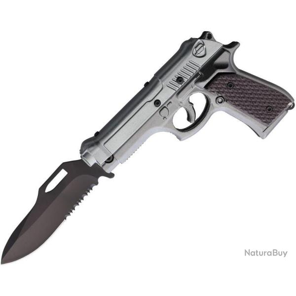 Couteau Pistolet Elitedge Pistol Linerlock A/O Lame Acier 420C Manche Gray Alu Etui Nylon EE10930GY