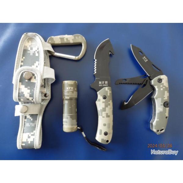 kit chasse 2 couteaux + lampe + �tui