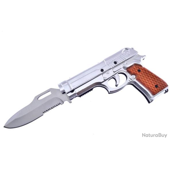 Couteau Pistolet Elitedge Pistol Linerlock A/O Lame Acier 420C Manche Silver Alu Etui EE10930SW