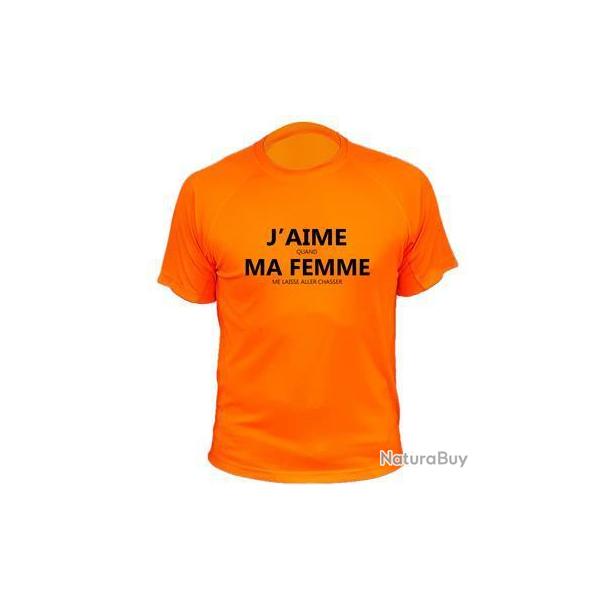 Tee-shirt chasse respirant orange "J'aime / quand / ma femme / me laisse aller chasser" 2