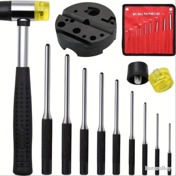 Set de 9 poin�ons chasse-goupilles meca indus + Marteau + Bloc de travail sp�cial armes
