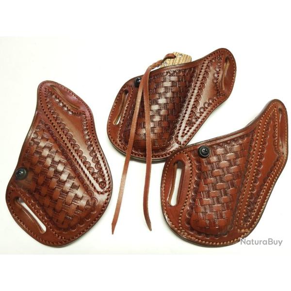 Etui cuir de couteau pliant cuir marron  MAGNOLIA  sans rabat (fabrication artisanale)