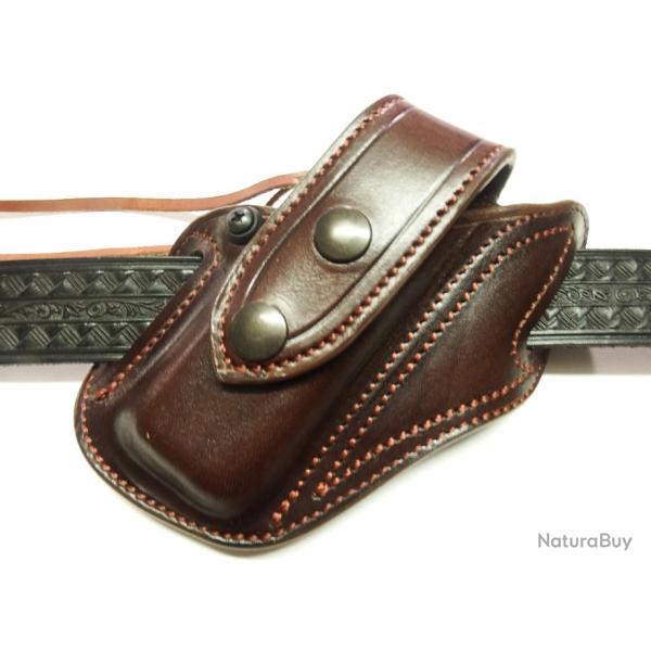 Etui  couteau pliant cuir  MAGNOLIA  avec  rabat pression (fabrication artisanale)