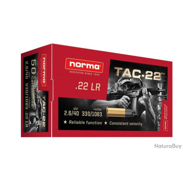 Cartouches NORMA TAC 22 40gr LRN PLOMB Calibre 22LR - Boite de 50 unit�s