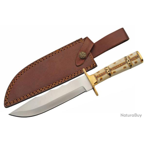 Couteau de Chasse Trappeur Western Hunter Bone Manche Os Lame Acier Inox Etui Cuir PA203499