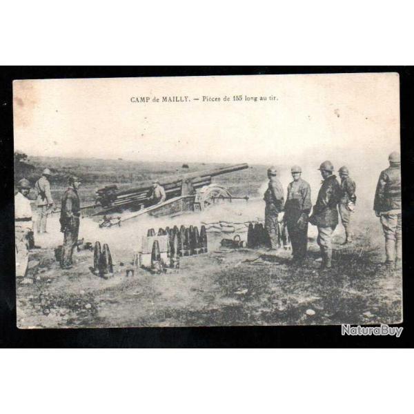 camp de mailly pi�ces de 155 long au tir , cpa artillerie