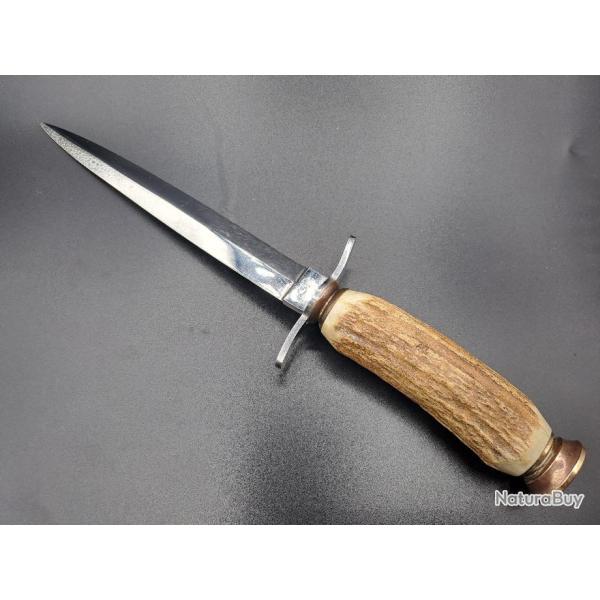 Dague de chasse INOX FRANCE oiseau, bois de cerf, lame 178mm / totale 300mm, �tui mais pas d'origine
