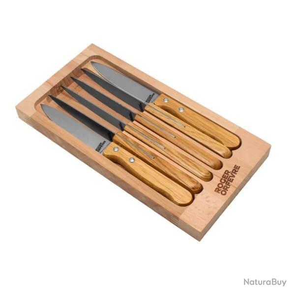 451463 Coffret 6 couteaux � steak Roger Orf�vre inox ch�ne d�cor lame