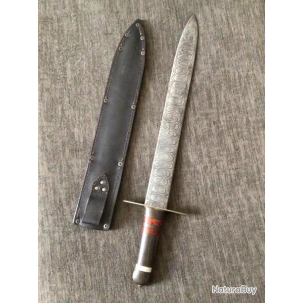 �p�e forg�e Viking, magnifique lame Damas, Fourreau en cuir