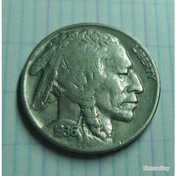 Tr�s belle pi�ce de 5 cents  "BUFFALO"  de 1936