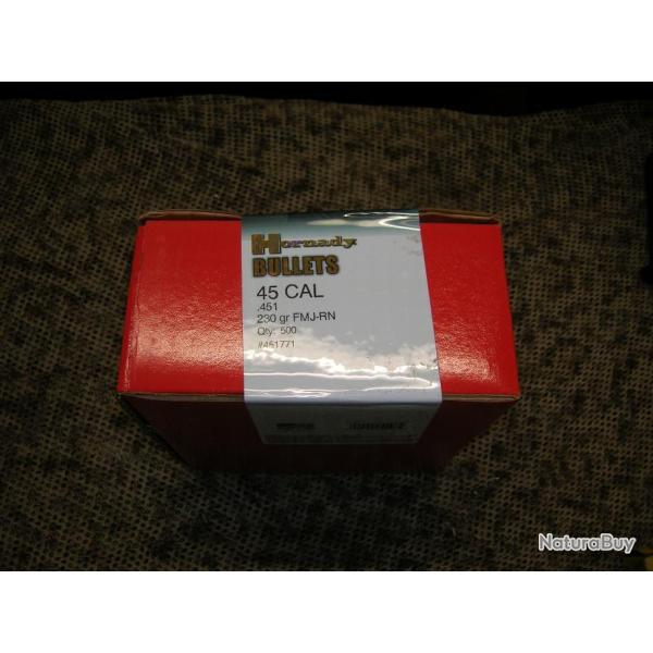 pack HORNADY de 400 balles de cal 45 ( .451")  de 230 grs FMJ - RN