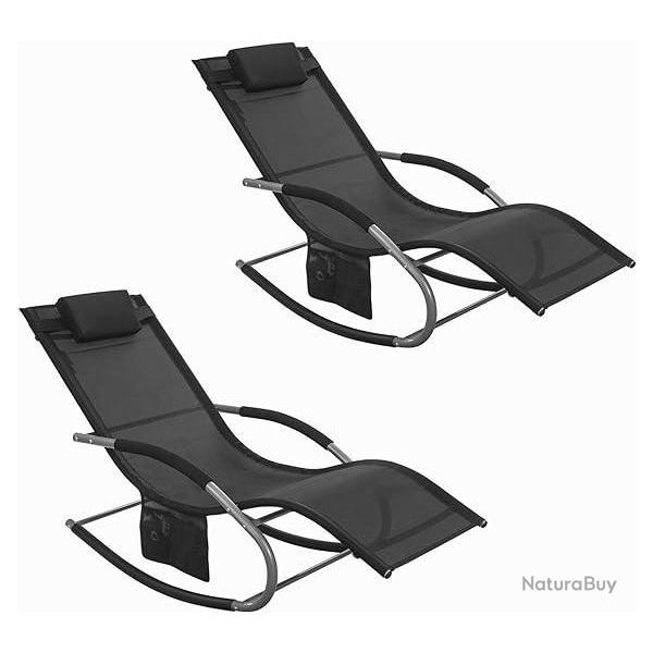 Lot de 2 Fauteuils � Bascule Noir - Transats Jardin - Repose-Pieds - Pochette Lat�rale