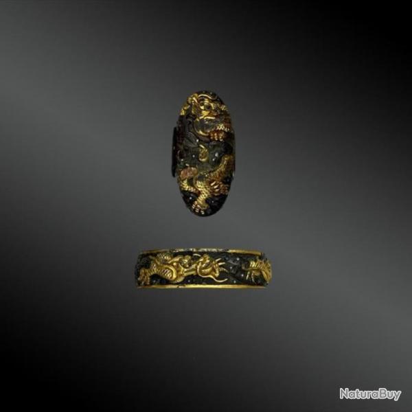 Fuchi Kashira Au Motif Du Dragon, Sign - Japon - Priode Edo