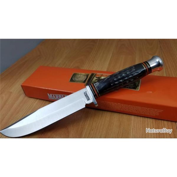 Couteau Bowie Marbles Horn Lame Acier Carbone/Inox Manche Corne Etui Cuir MR456
