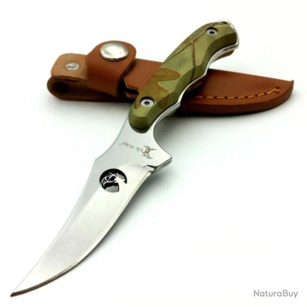 Couteau Elk Ridge Upswept Hunter Camo Manche Pakkawood Lame Acier 440 Etui Cuir ER059CA