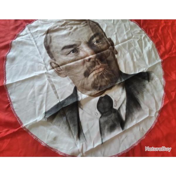 GRAND DRAPEAU FLAG BANNER SOIE "LENINE BOLCHEVIK COMMUNISTE" 1.75x2,25 m CCCP URSS �POQUE SOVIETIQUE