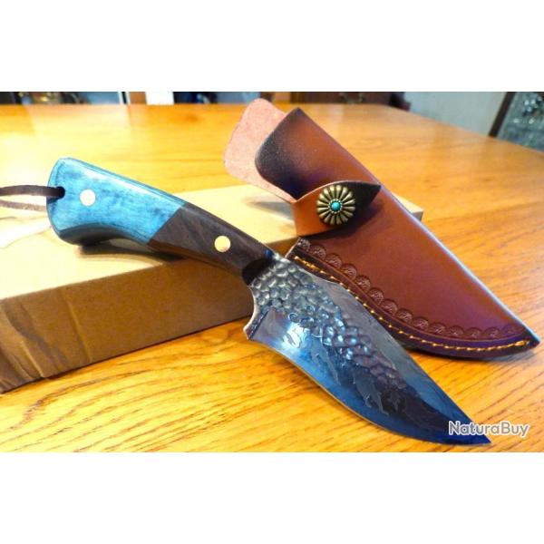 SUPERBE COUTEAU BRUT DE FORGE MAIS POLI + FOURREAU + PRESSION FLEUR ET TURQUOISE -- ACIER RASOIR -