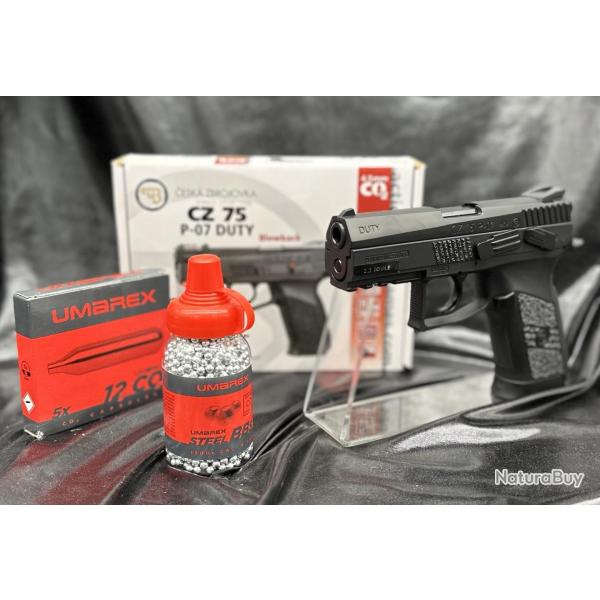 PACK PISTOLET GBB CZ 75 P07 DUTY 4.5 CO2-BBS ASG+MUNITIONS BILLES ACIER+CAPSULES CO2