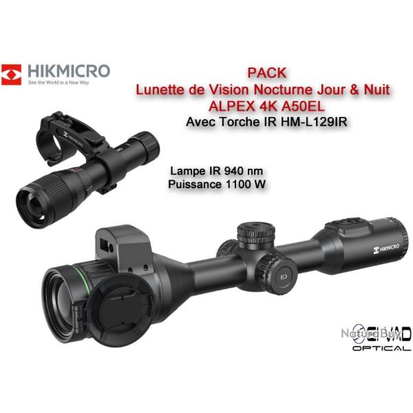 PACK Lunette HIKMICRO de Vision Nocturne ALPEX 4K A50EL - T�l�m�tre et Torche IR 1100 mW