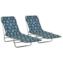 Chaises longues pliables 2 pi&egrave;ces acier et tissu motif de feuilles 02_0011935