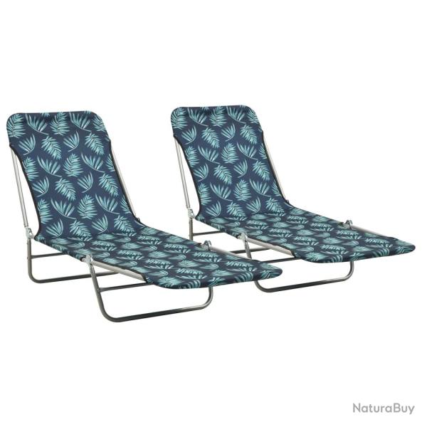 Chaises longues pliables 2 pi�ces acier et tissu motif de feuilles 02_0011935